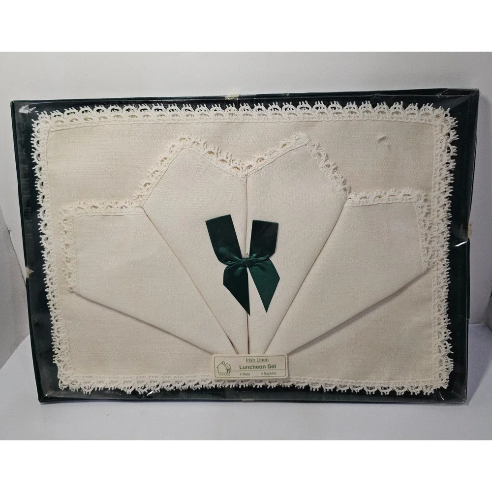 Irish‎ Linen Luncheon Set 4 Mats 4 Napkins Lace Trim Green Bow NOS 15x11in ECRU